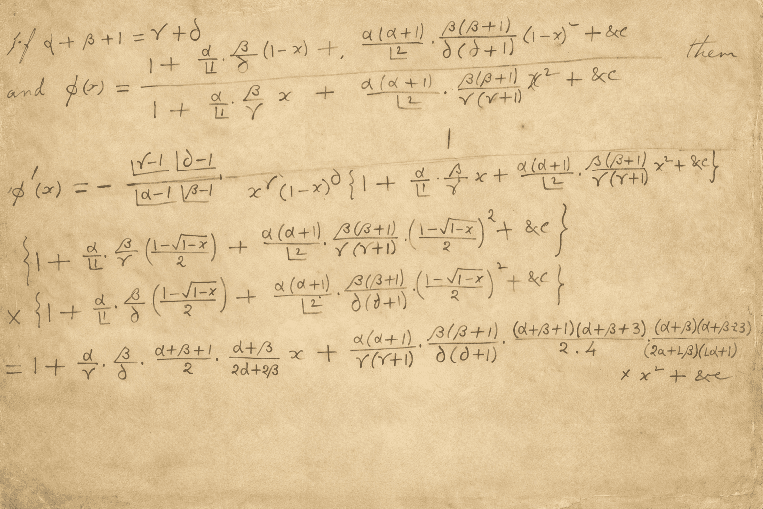 A page of handwritten formulas from Ramanujan’s notes